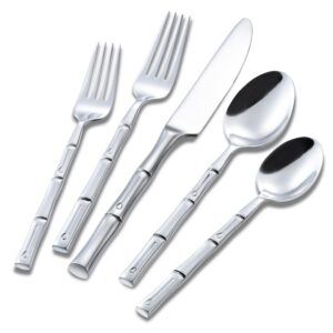 flatasy silverware set silver bamboo handle flatware stainless steel heavy cutlery set 20 pieces mirror polished spoons forks and knives service for 4