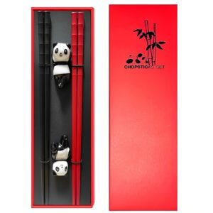 chopsticks reusable panda gifts with cute chopstick rest & chopsticks dishwasher safe anniversary gift for couple (2pc red-black)