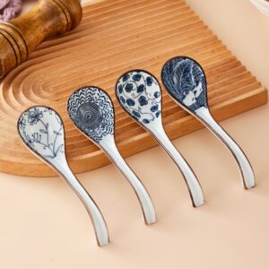 Hoilse Asian Soup Spoon Set of 4,Ceramic Chinese/Japanese Ramen Spoons, Long Handle Perfect Depth for Dumpling, Pho, Noodles, Miso, Wonton, Dishwasher Safe(Retro)