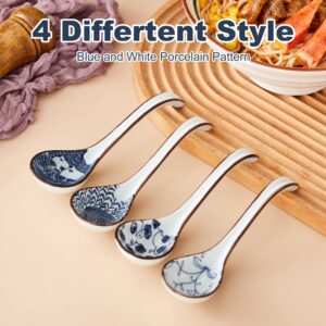 Hoilse Asian Soup Spoon Set of 4,Ceramic Chinese/Japanese Ramen Spoons, Long Handle Perfect Depth for Dumpling, Pho, Noodles, Miso, Wonton, Dishwasher Safe(Retro)