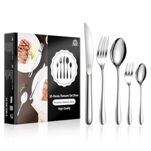 vancasso 30-piece silverware set service for 6, 18/10 stainless steel flatware cutlery set include knives/spoons/forks, gift box & mirror polished, heavy silverware set for home, kitchen & restaurant