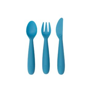 ezpz happy utensils - 100% bpa free fork, spoon & knife for toddlers + preschoolers + self-feeding - designed by a pediatric feeding specialist - 24 months+ (blue)