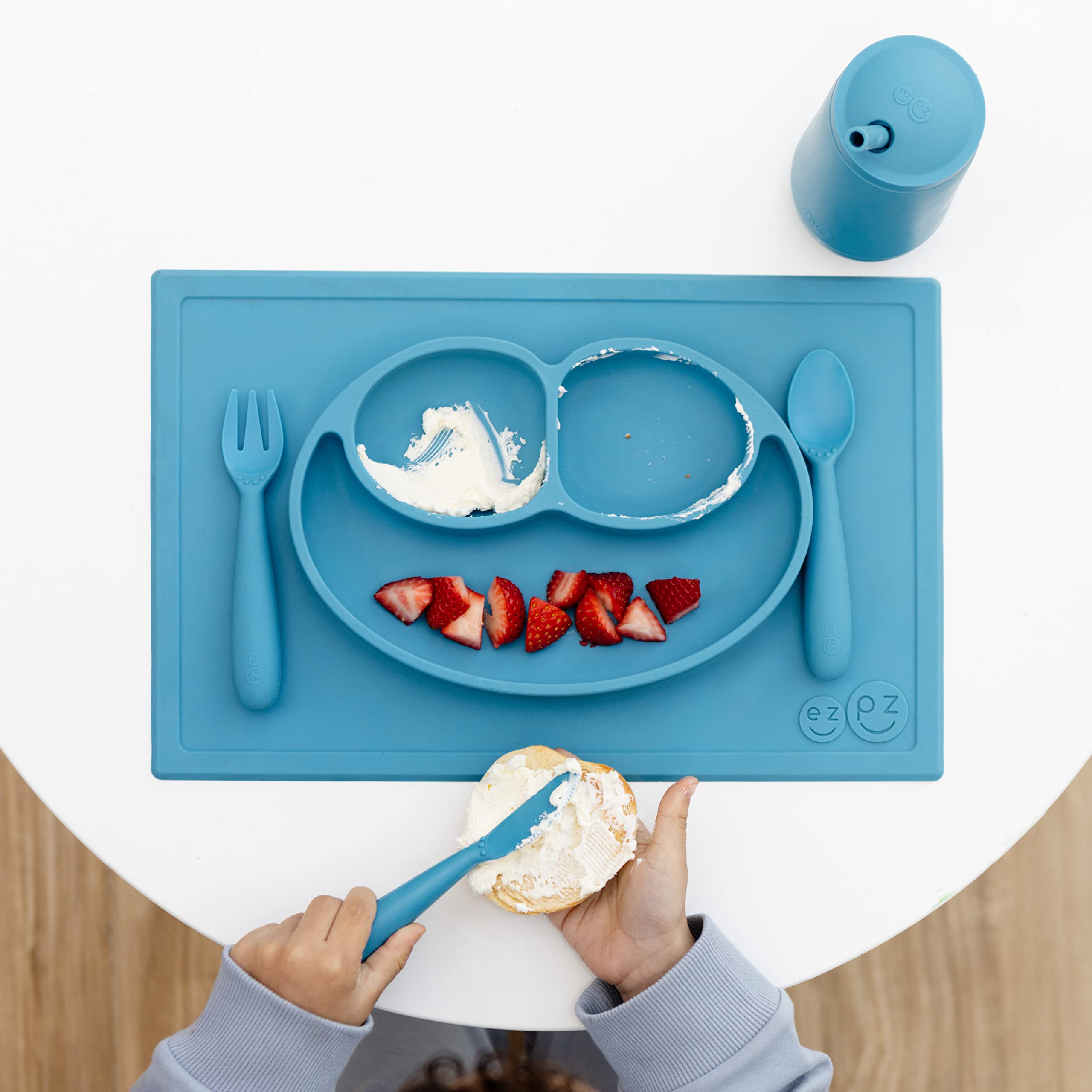 ezpz Happy Utensils - 100% BPA Free Fork, Spoon & Knife for Toddlers + Preschoolers + Self-Feeding - Designed by a Pediatric Feeding Specialist - 24 Months+ (Blue)