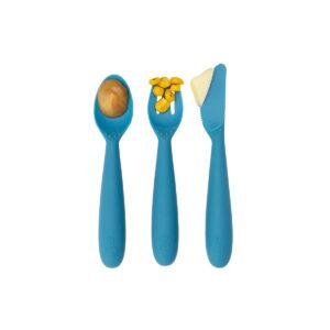 ezpz Happy Utensils - 100% BPA Free Fork, Spoon & Knife for Toddlers + Preschoolers + Self-Feeding - Designed by a Pediatric Feeding Specialist - 24 Months+ (Blue)