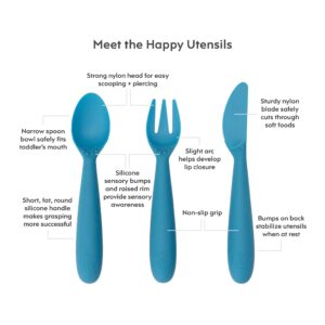 ezpz Happy Utensils - 100% BPA Free Fork, Spoon & Knife for Toddlers + Preschoolers + Self-Feeding - Designed by a Pediatric Feeding Specialist - 24 Months+ (Blue)