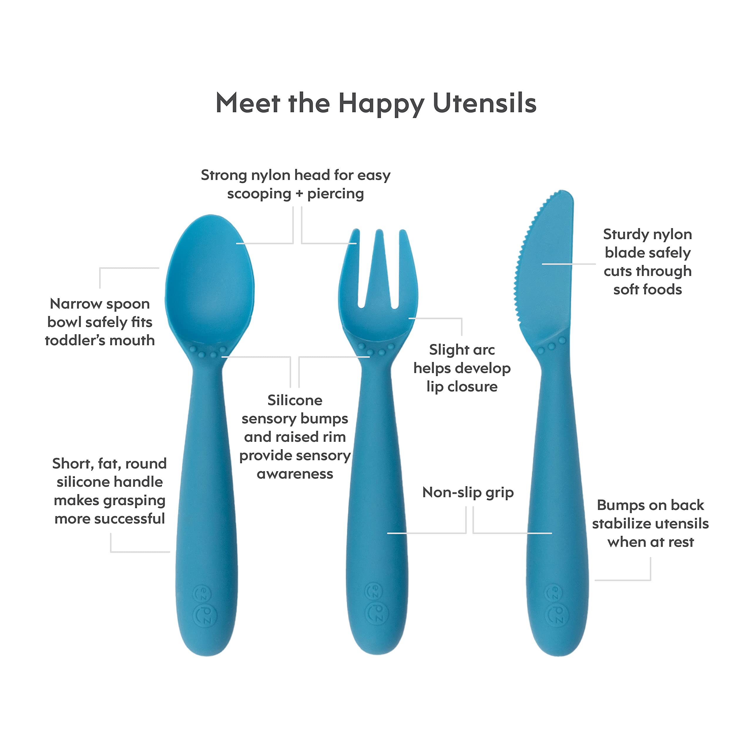 ezpz Happy Utensils - 100% BPA Free Fork, Spoon & Knife for Toddlers + Preschoolers + Self-Feeding - Designed by a Pediatric Feeding Specialist - 24 Months+ (Blue)