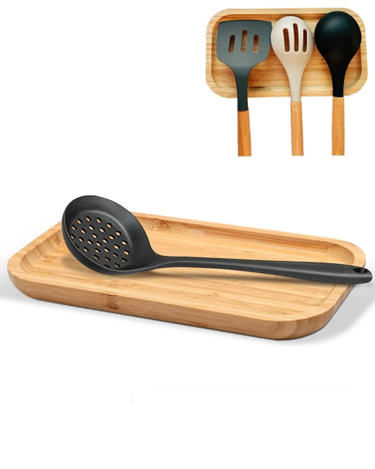 Large Wooden Spoon Rest, 9.7'' Stove Top Bamboo Spoon Holder, Kitchen Counter Cooking Utensils Rest, Farmhouse Small Food Serving Tray for Spatulas, Spoons,Turners, Ladles and Teaspoons (Bamboo)