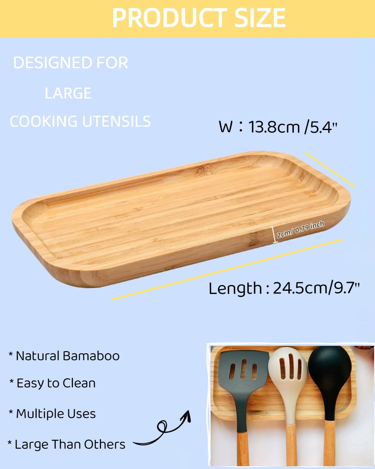 Large Wooden Spoon Rest, 9.7'' Stove Top Bamboo Spoon Holder, Kitchen Counter Cooking Utensils Rest, Farmhouse Small Food Serving Tray for Spatulas, Spoons,Turners, Ladles and Teaspoons (Bamboo)