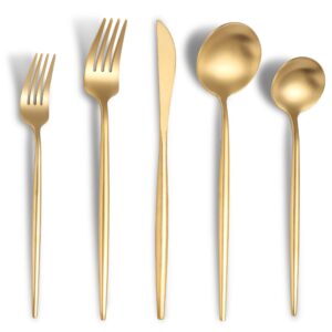 lemeya matte gold silverware set,modern stainless steel flatware set,20 pieces cutlery set service for 4,tableware utensil set for home and restaurant, satin finish, dishwasher safe