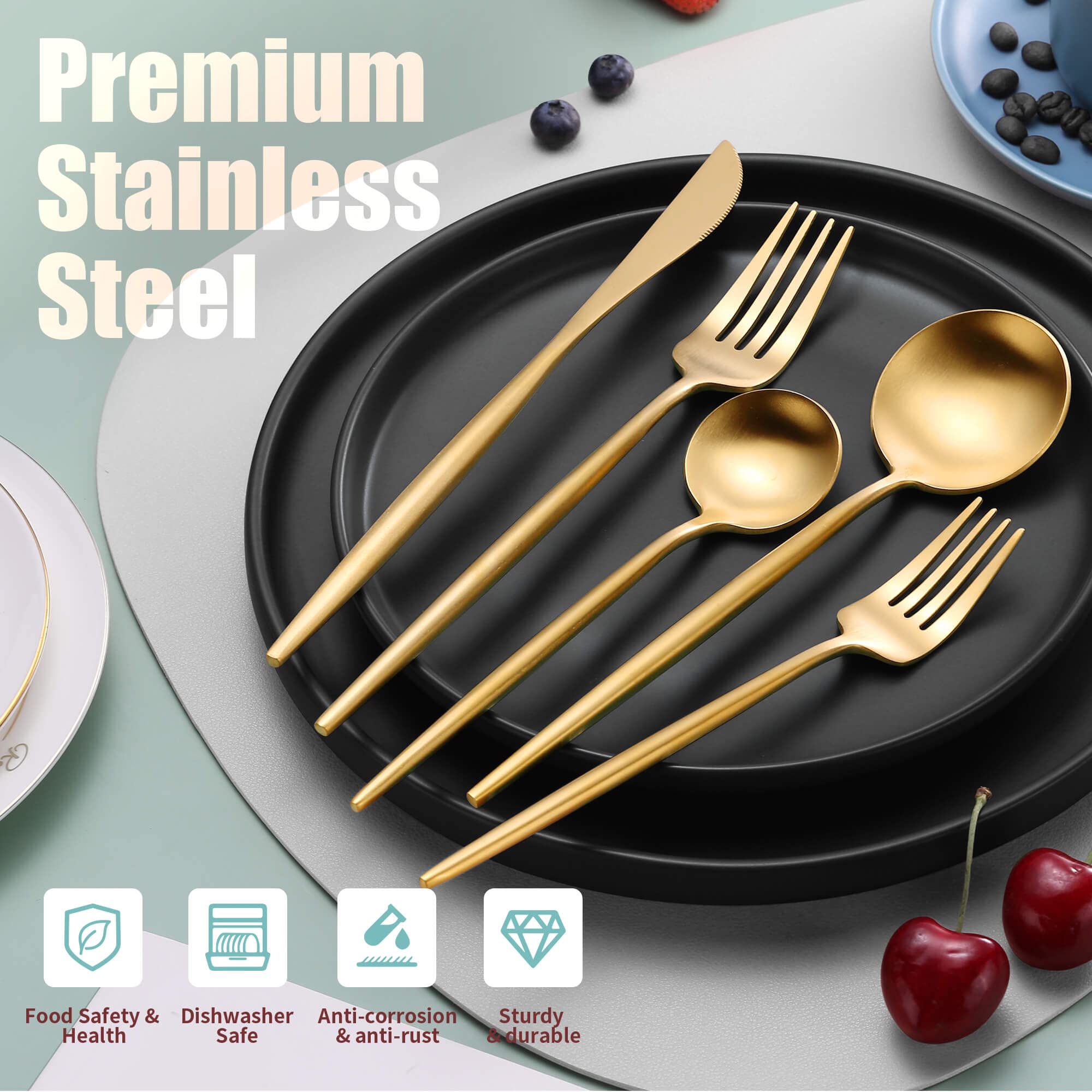 Lemeya Matte Gold Silverware Set,Modern Stainless Steel Flatware Set,20 Pieces Cutlery Set Service for 4,Tableware Utensil Set for Home and Restaurant, Satin Finish, Dishwasher Safe