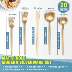 Lemeya Matte Gold Silverware Set,Modern Stainless Steel Flatware Set,20 Pieces Cutlery Set Service for 4,Tableware Utensil Set for Home and Restaurant, Satin Finish, Dishwasher Safe