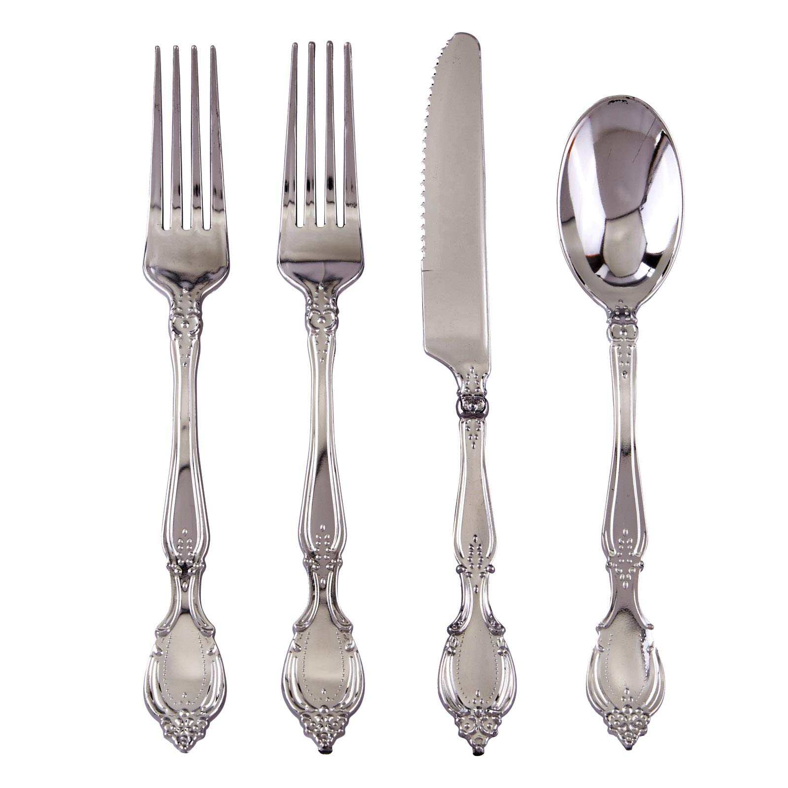 Antique Design Disposable Flatware Set (96 PC) Plastic Silverware Cutlery Set for 24, 24 Spoons, 24 Knives, 48 Forks, Heavy Duty Plastic Utensil Set for Weddings and Events, Baroque Collection, Silver