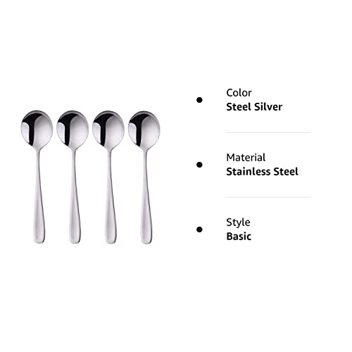 7-Inch Soup Spoons, Baikai Bouillon Spoon,18/10 Stainless Steel Finished Table Dinner Spoons Set of 4 (Silver)