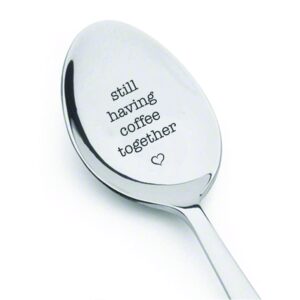 still having coffee together with heart design engraved stainless steel espresso spoon gifts for friends couples moving going away-best token of love for coffee lovers from boston creative company
