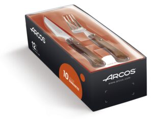 arcos steak set 12 pieces 4 inch nitrum stainless steel. ergonomic polyoxymethylene pom handle and 110 mm knife blade. pocket knife pack with pearl edge for cutting meat. series mesa. color brown