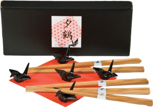 Fuji Merchandise 5 piece Crane Chopstick Set with Rests Black