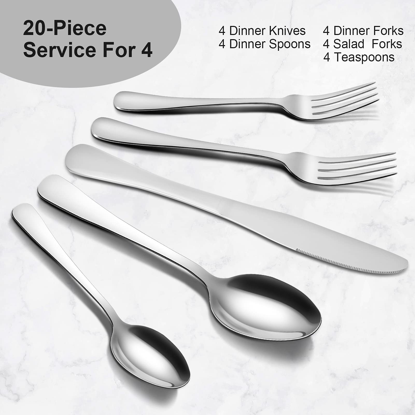 Silverware Set for 4, 20-piece Flatware Set Service for 4, Stainless Steel Cutlery Utensils Set, Home Kitchen Restaurant Silverware Tableware Sets, Mirror Polished Knife Fork Spoon Set