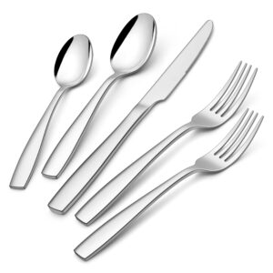 e-far 40-piece heavy duty silverware set for 8, stainless steel flatware cutlery set, thick metal tableware eating utensils include forks spoons knives, square edge & mirror polished, dishwasher safe