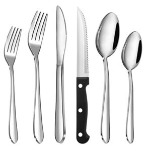 48-piece silverware set with steak knives for 8,stainless steel flatware cutlery tableware set, kitchen utensils set include fork knife spoon, mirror polished dishwasher safe