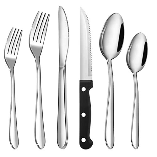 48-Piece Silverware Set with Steak Knives for 8,Stainless Steel Flatware Cutlery Tableware Set, Kitchen Utensils Set Include Fork Knife Spoon, Mirror Polished Dishwasher Safe