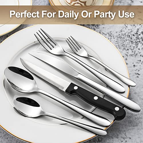 48-Piece Silverware Set with Steak Knives for 8,Stainless Steel Flatware Cutlery Tableware Set, Kitchen Utensils Set Include Fork Knife Spoon, Mirror Polished Dishwasher Safe