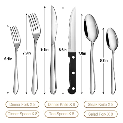 48-Piece Silverware Set with Steak Knives for 8,Stainless Steel Flatware Cutlery Tableware Set, Kitchen Utensils Set Include Fork Knife Spoon, Mirror Polished Dishwasher Safe