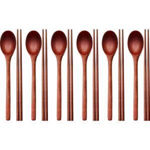 wooden spoon and chopsticks set long handle spoon chopstick flatware reusable tableware combination utensils for eating food, 9.3 inch (12)