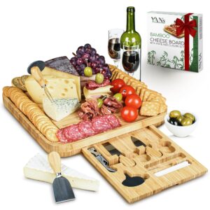 yan's bamboo cheese boards charcuterie boards set - large charcuterie board set - charcuterie tray - unique for women, house warming gifts new home