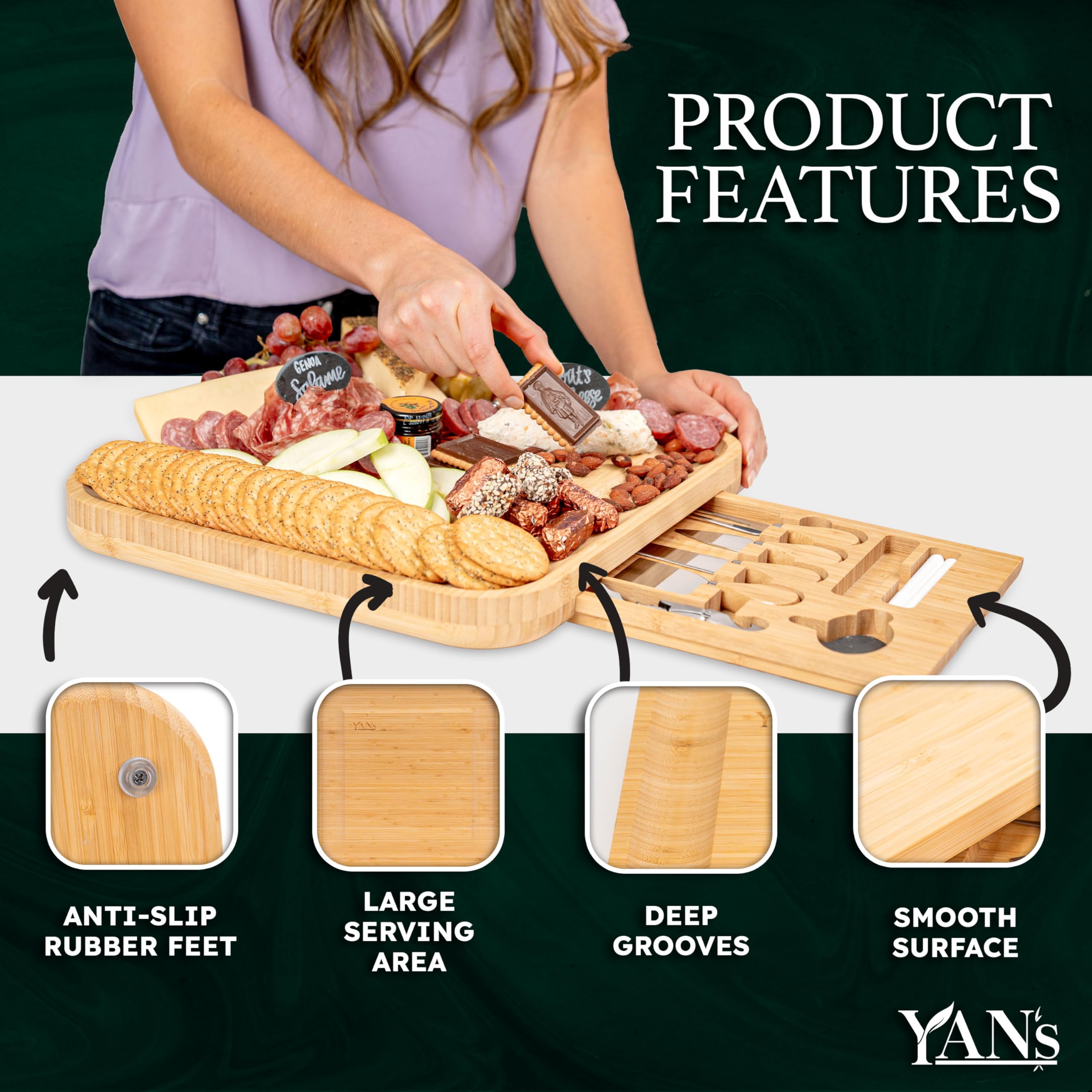 YAN's Bamboo Cheese Boards Charcuterie Boards Set - Large Charcuterie Board Set - Charcuterie Tray - Unique for Women, House Warming Gifts New Home