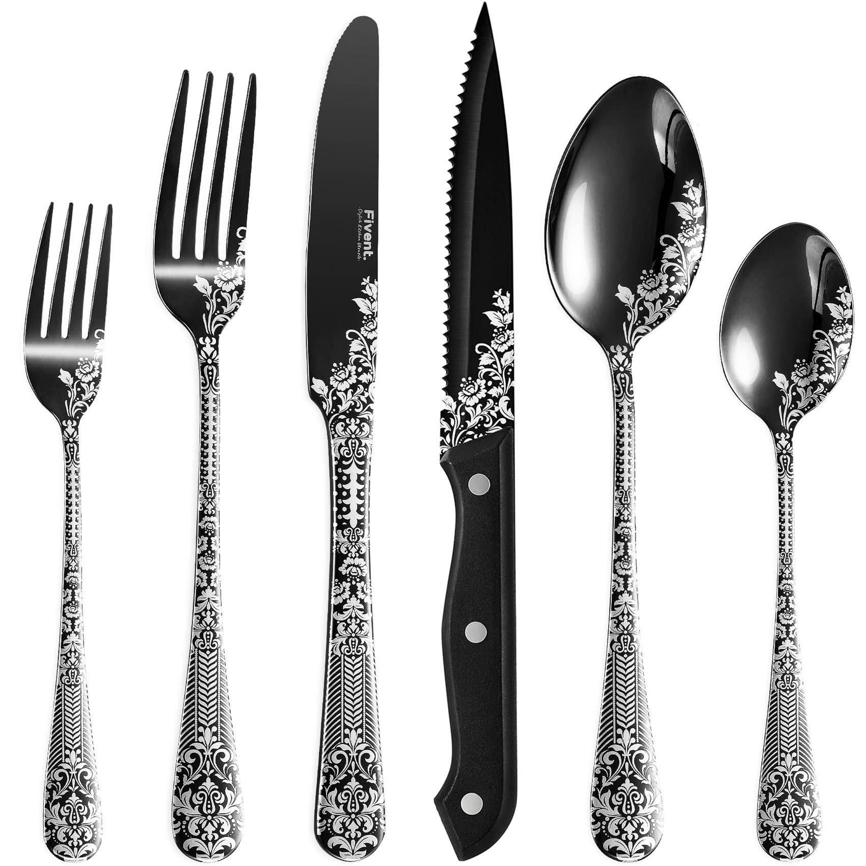 Fivent 24-Piece Black Floral Damask Rose Silverware Set, Service for 4, Stainless Steel Flatware Set with Steak Knives, Mirror Polished Cutlery Set, Hand Wash Recommended