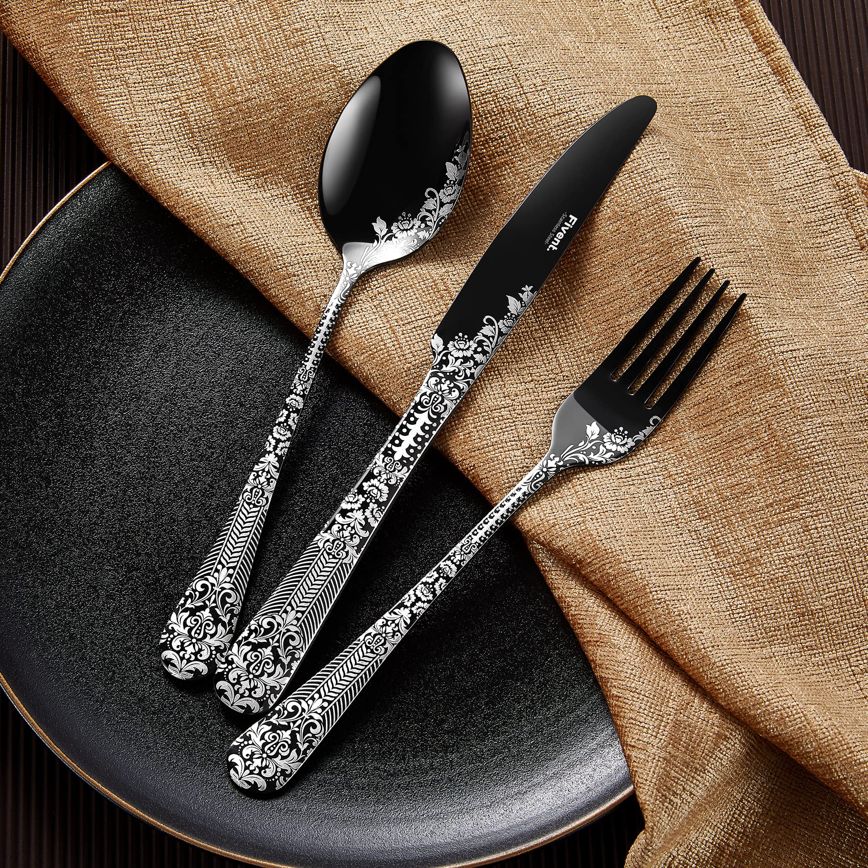 Fivent 24-Piece Black Floral Damask Rose Silverware Set, Service for 4, Stainless Steel Flatware Set with Steak Knives, Mirror Polished Cutlery Set, Hand Wash Recommended