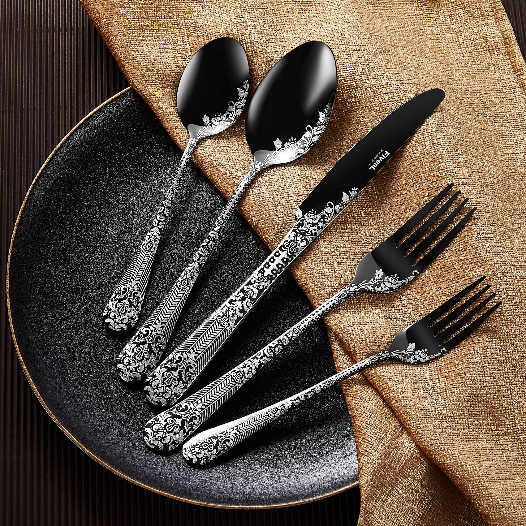 Fivent 24-Piece Black Floral Damask Rose Silverware Set, Service for 4, Stainless Steel Flatware Set with Steak Knives, Mirror Polished Cutlery Set, Hand Wash Recommended