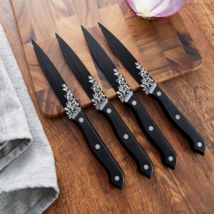 Fivent 24-Piece Black Floral Damask Rose Silverware Set, Service for 4, Stainless Steel Flatware Set with Steak Knives, Mirror Polished Cutlery Set, Hand Wash Recommended