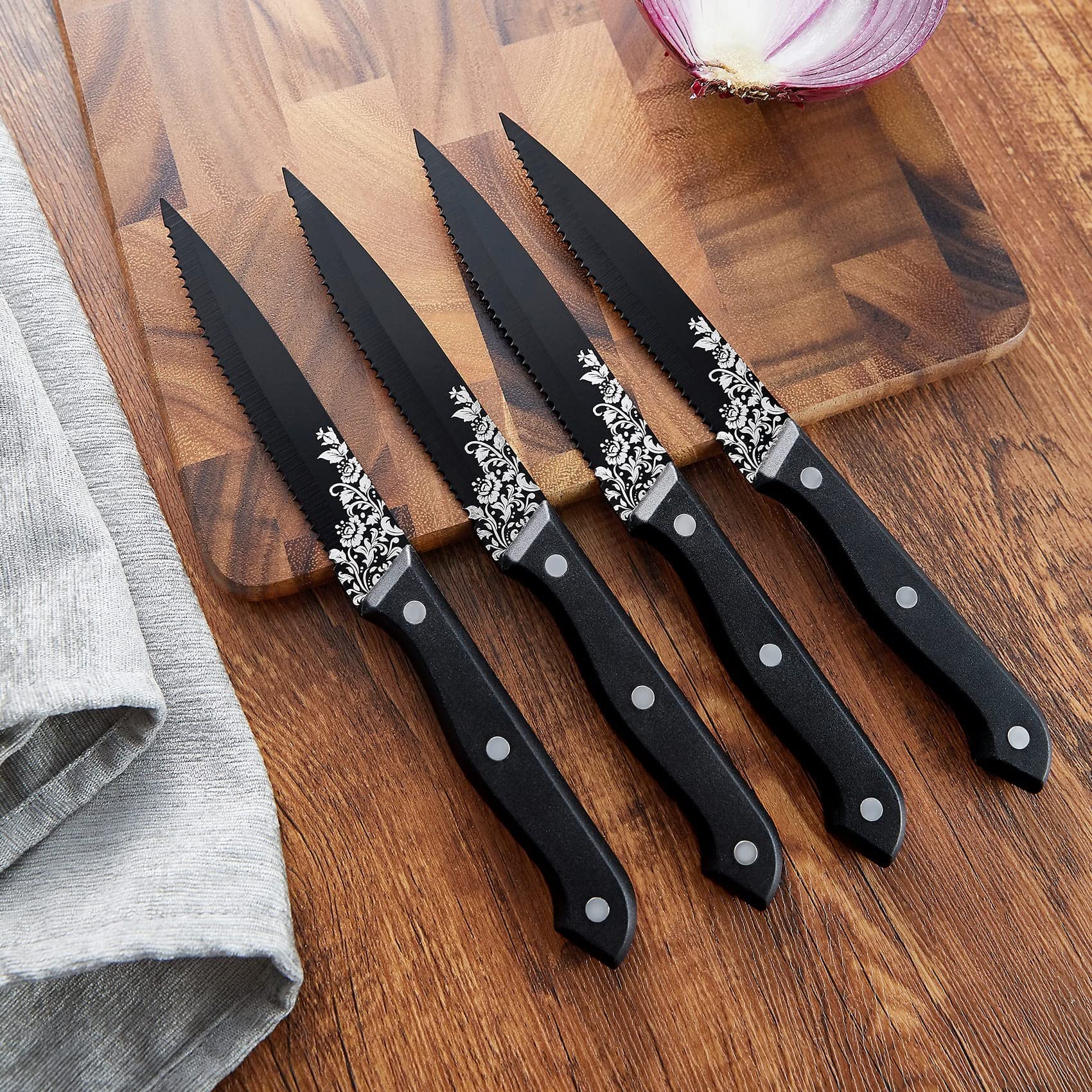 Fivent 24-Piece Black Floral Damask Rose Silverware Set, Service for 4, Stainless Steel Flatware Set with Steak Knives, Mirror Polished Cutlery Set, Hand Wash Recommended