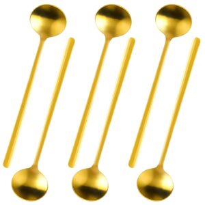 6 Pcs Coffee Spoons Tea Spoons Stainless Steel Long Handle Gold Spoons Teaspoon Round Dessert Spoons Gold Spoons for Stirring Drink Hot Chocolate Ice Tea Latte