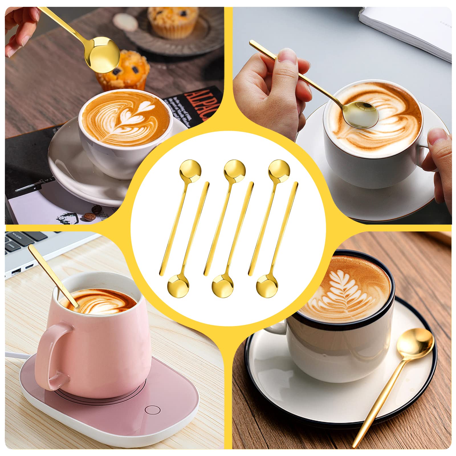 6 Pcs Coffee Spoons Tea Spoons Stainless Steel Long Handle Gold Spoons Teaspoon Round Dessert Spoons Gold Spoons for Stirring Drink Hot Chocolate Ice Tea Latte