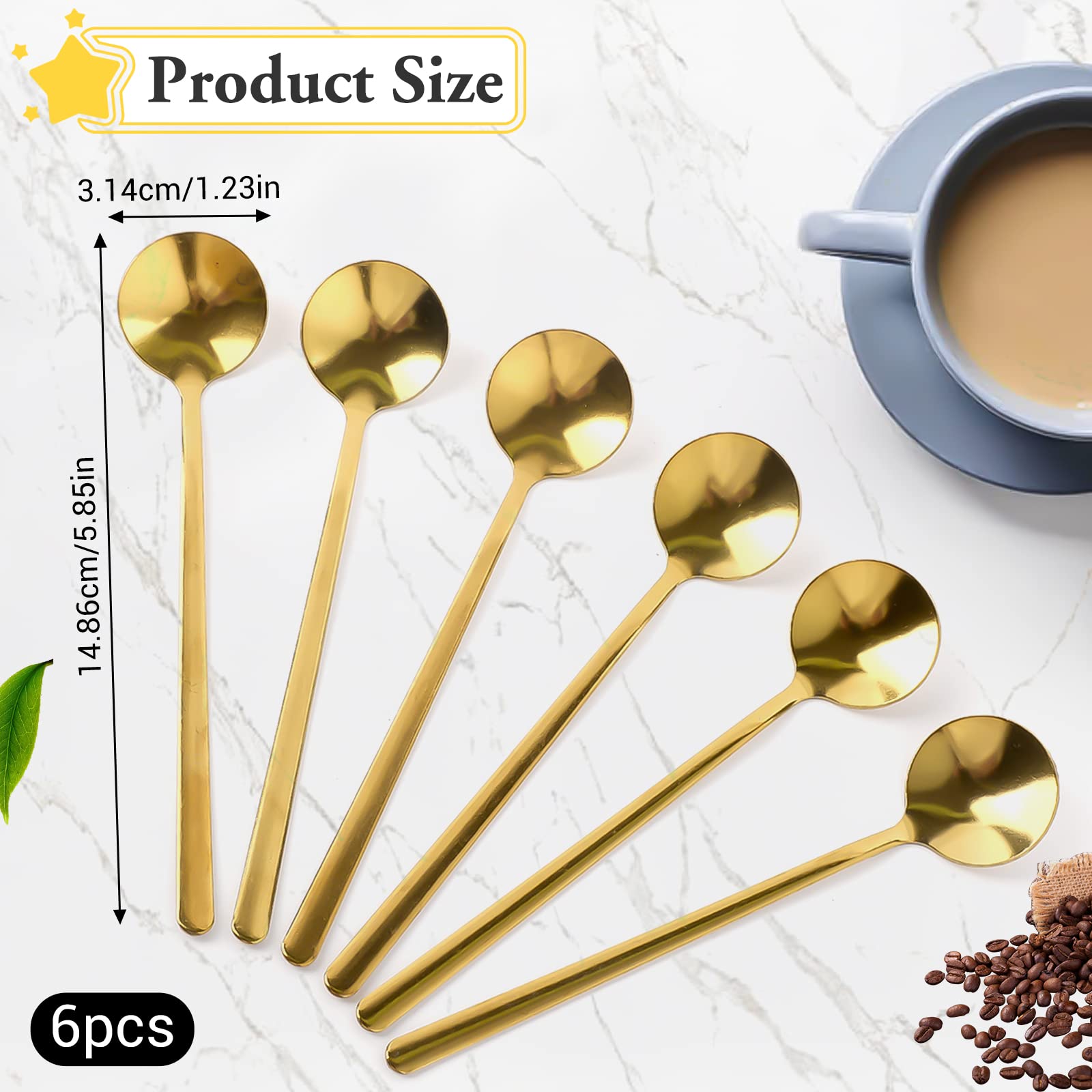 6 Pcs Coffee Spoons Tea Spoons Stainless Steel Long Handle Gold Spoons Teaspoon Round Dessert Spoons Gold Spoons for Stirring Drink Hot Chocolate Ice Tea Latte