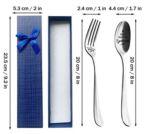 HSSPIRITZ 2 Pieces Good Morning Granny Funny Engraved Stainless Spoon Fork Set,Restaurant Dinner Spoon and Fork With Gift Box,Best Gifts for Grandma Mom Birthday Mother's Day Christmas