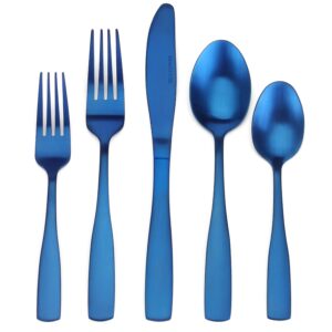 matte blue silverware set, satin finish 20-piece stainless steel flatware set, tableware cutlery set service for 4, utensils for kitchens, dishwasher safe