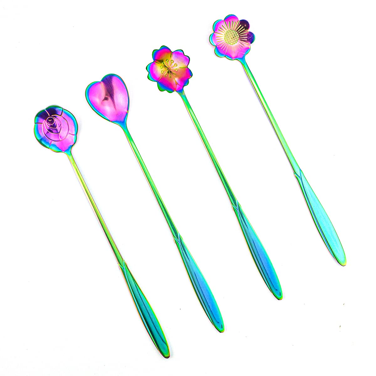 Flower Spoon Set of 4 PCS, LEEFONE 7" Flower Pattern Long Handle Spoon Stainless Steel Reusable Tea Scoops Stirring Spoon Ice Cream Spoon Coffee Spoon Sugar Dessert Cake Spoon (Rainbow)