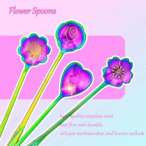 Flower Spoon Set of 4 PCS, LEEFONE 7" Flower Pattern Long Handle Spoon Stainless Steel Reusable Tea Scoops Stirring Spoon Ice Cream Spoon Coffee Spoon Sugar Dessert Cake Spoon (Rainbow)