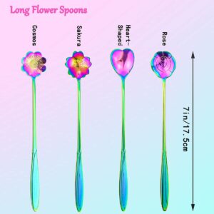 Flower Spoon Set of 4 PCS, LEEFONE 7" Flower Pattern Long Handle Spoon Stainless Steel Reusable Tea Scoops Stirring Spoon Ice Cream Spoon Coffee Spoon Sugar Dessert Cake Spoon (Rainbow)