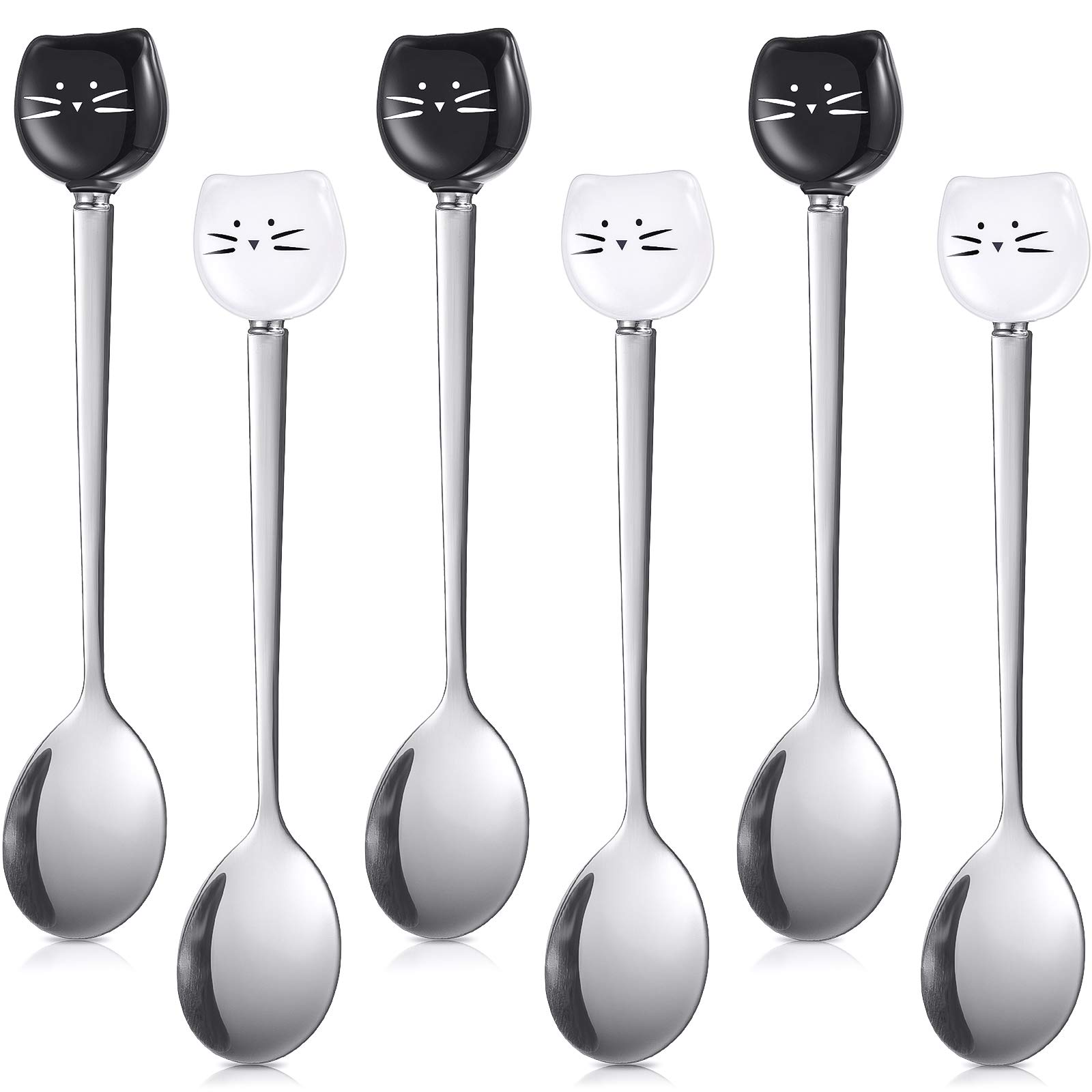 6 Pieces Cat Coffee Spoon Cute Stainless Steel Cat Head Spoon, Lovely Spoon, Ice Cream Dessert Spoon for Stirring Tea Coffee Sugar Dessert (Black, White)