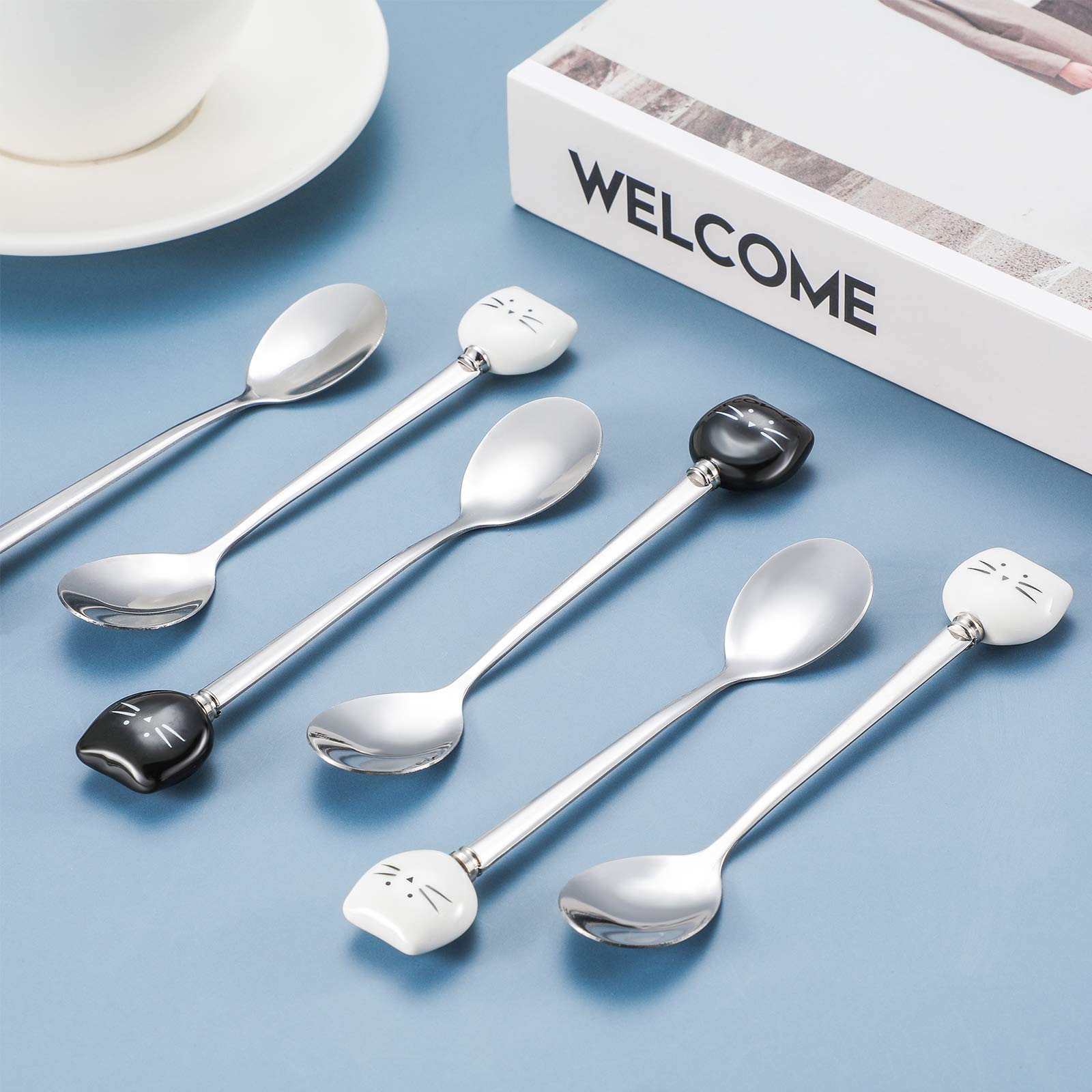 6 Pieces Cat Coffee Spoon Cute Stainless Steel Cat Head Spoon, Lovely Spoon, Ice Cream Dessert Spoon for Stirring Tea Coffee Sugar Dessert (Black, White)