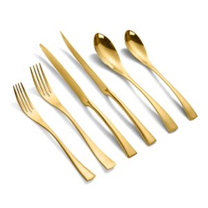 lemeya 24 piece gold silverware set with steak knives,18/10 stainless steel cutlery utensils modern flatware set service for 4,include knife/fork/spoon, mirror polished,dishwasher safe