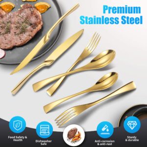 Lemeya 24 Piece Gold Silverware Set with Steak Knives,18/10 Stainless Steel Cutlery Utensils Modern Flatware Set Service for 4,Include Knife/Fork/Spoon, Mirror Polished,Dishwasher Safe