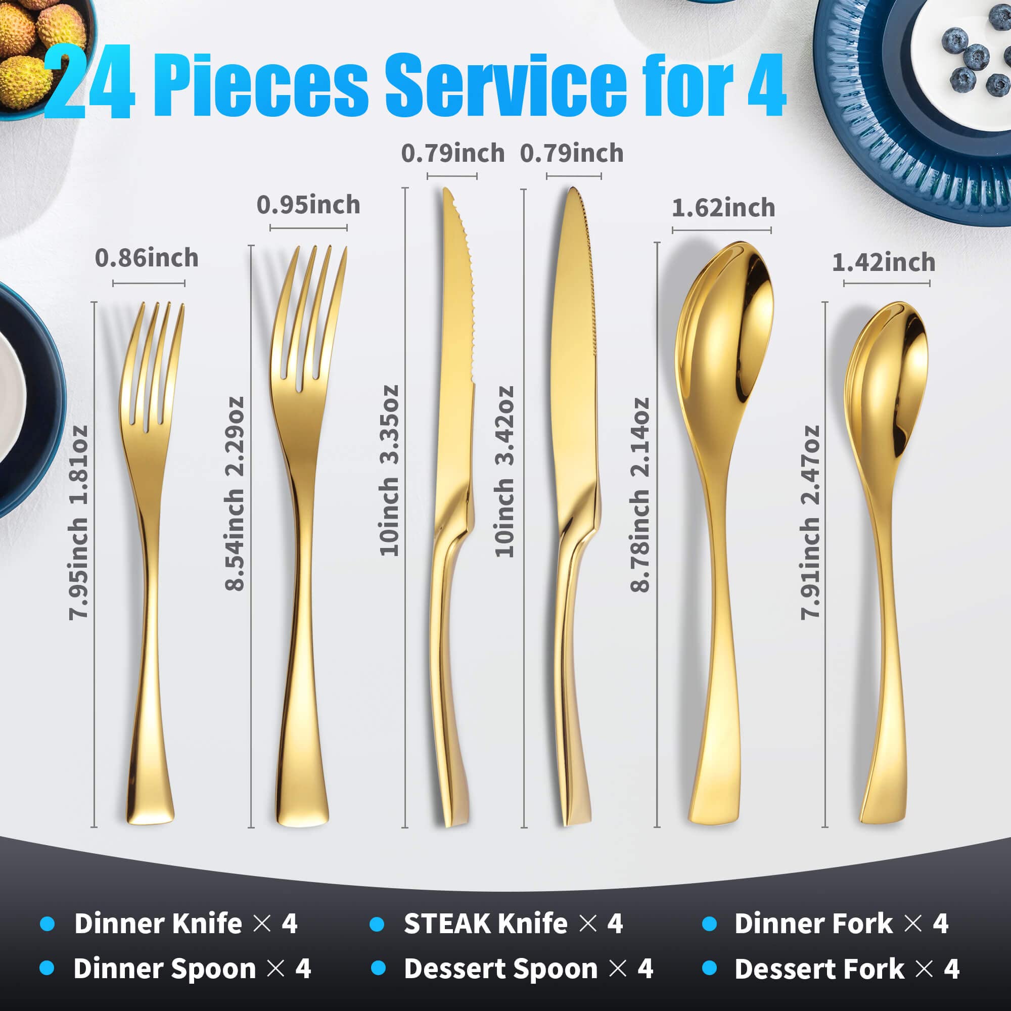 Lemeya 24 Piece Gold Silverware Set with Steak Knives,18/10 Stainless Steel Cutlery Utensils Modern Flatware Set Service for 4,Include Knife/Fork/Spoon, Mirror Polished,Dishwasher Safe