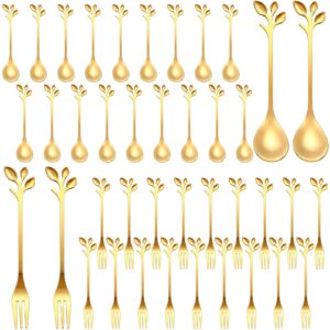stainless steel leaf coffee spoon and appetizer fork tableware dessert spoon mini dessert utensils set creative demitasse spoons and forks for stirring, fruit, cake, coffee, tea (gold, 40 pieces)