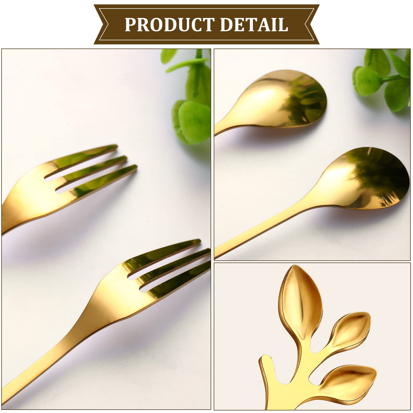 Stainless Steel Leaf Coffee Spoon and Appetizer Fork Tableware Dessert Spoon Mini Dessert Utensils Set Creative Demitasse Spoons and Forks for Stirring, Fruit, Cake, Coffee, Tea (Gold, 40 Pieces)