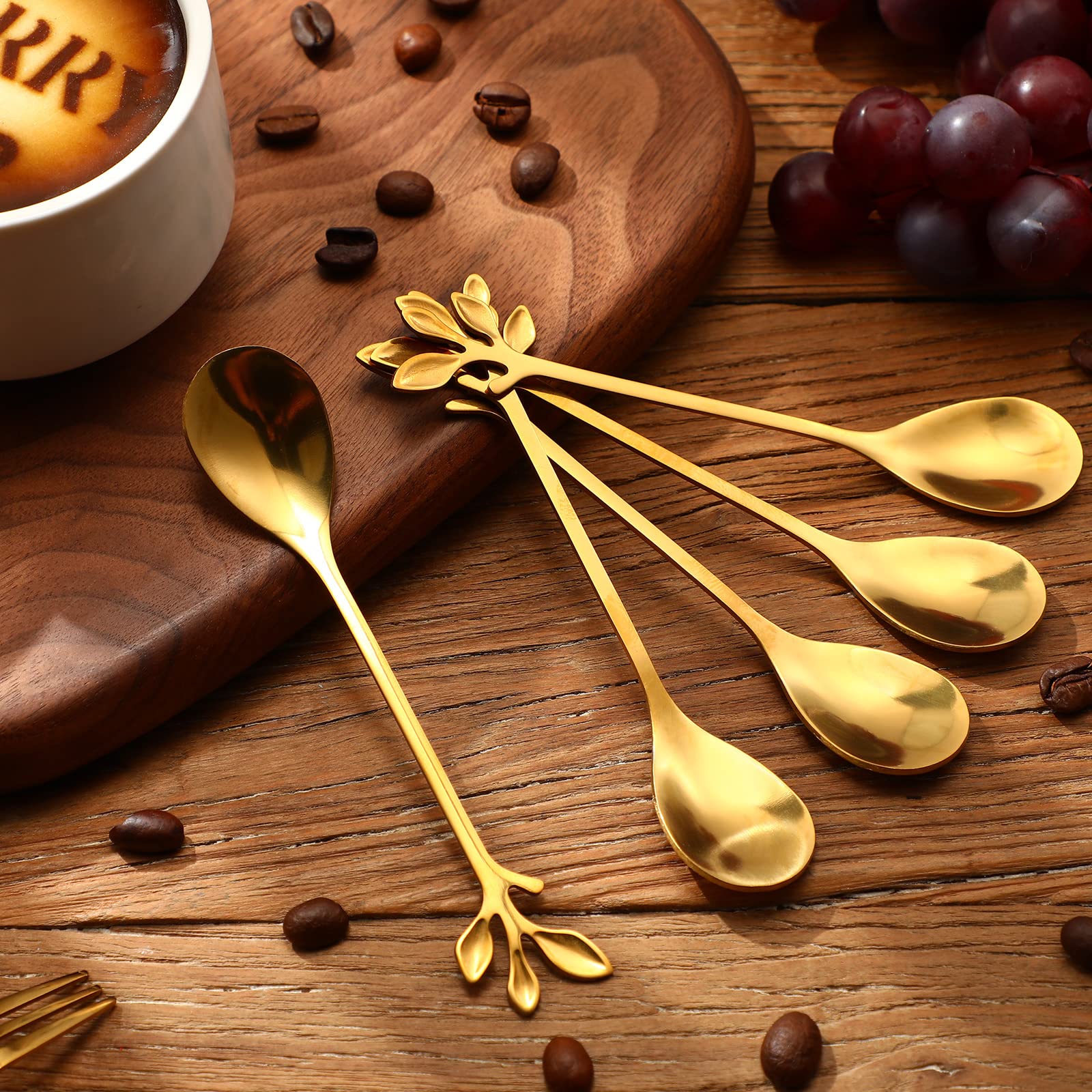 Stainless Steel Leaf Coffee Spoon and Appetizer Fork Tableware Dessert Spoon Mini Dessert Utensils Set Creative Demitasse Spoons and Forks for Stirring, Fruit, Cake, Coffee, Tea (Gold, 40 Pieces)